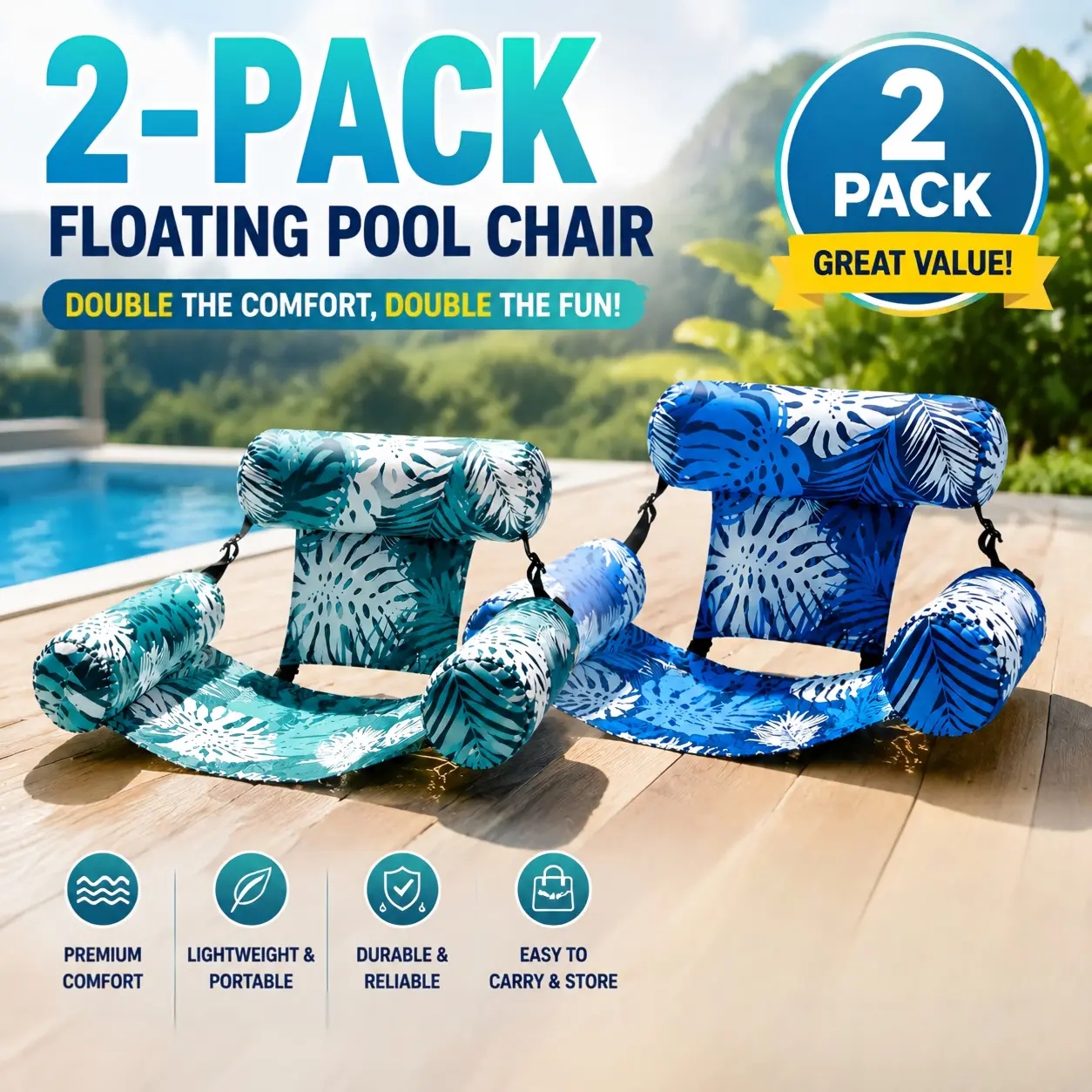 2 Pack Inflatable Pool Float Lounger with Back Support, Adult Multi-scene Water Floating Seat Hammock Set, Lightweight Floating Chair for Poolside Lake Seaside Summer Outdoor Water Activities