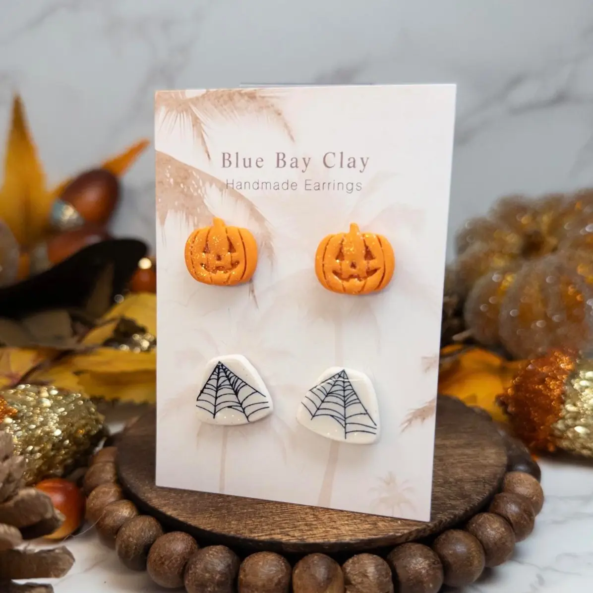Handmade Clay Stud Earring Fall/Halloween Pack of 2, Jack-o-Lantern Stud & Spider Web Stud Earrings, Nickel-Free