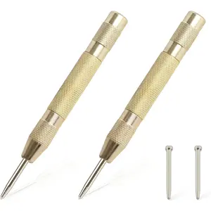 2PCS Automatic Center Punch,5'' Spring Loaded Center Punch, Heavy Duty Steel Adjustable Center Marker Punch Tool with 2PCS Extra Replacement Tip for Metal,Plastic,Wood,Glass