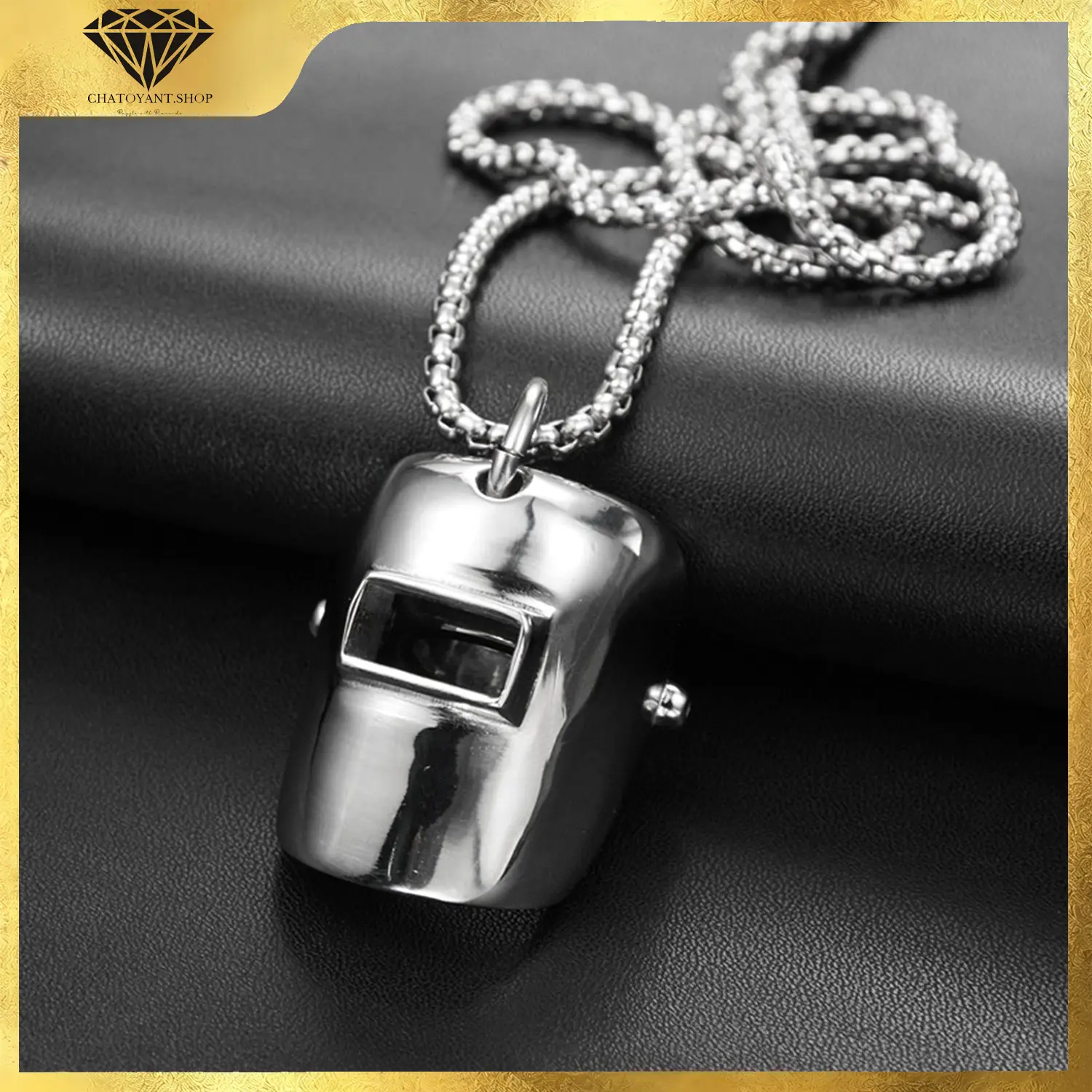Stainless Steel Welder Helmet Pendant Necklace, Industrial Gothic Biker Jewelry for Men Women, Unique Statement Piece Gift for Punk Rock Enthusiasts Evening Parties Subtle