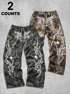 Men's Casual Camo Pants Set, Camouflage, Gothic Thorn Graphic Pattern Print, Loose Fit Drawstring Wide Leg, All Season Fashion, 2 Piece, Menswear