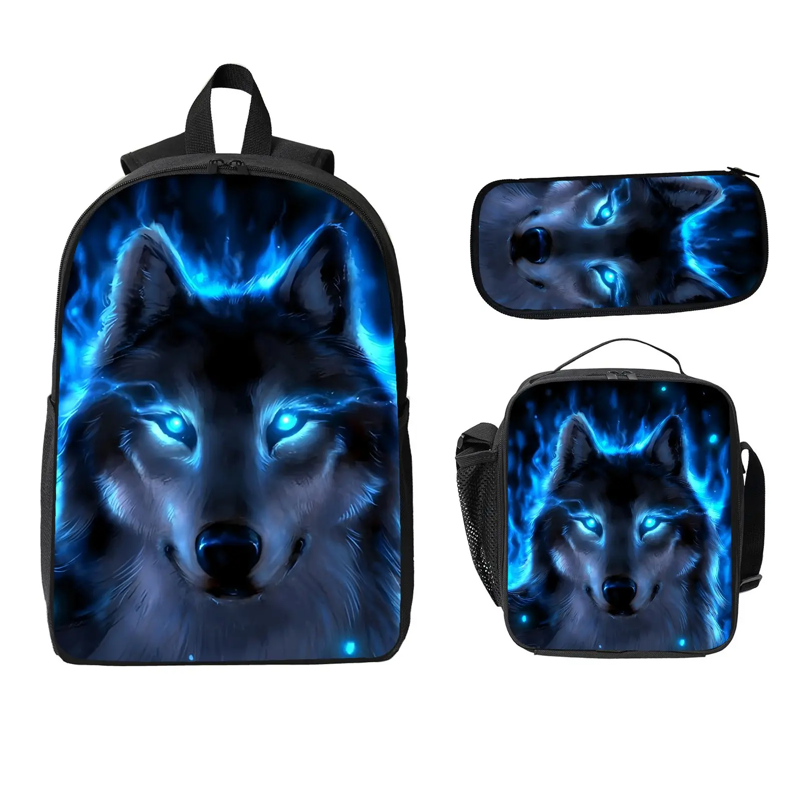 Kids' 3-Piece School Backpack Set, Cute Black Wolf Design with Blue Eyes, Includes Matching Lunchbox & Pencil Case, Cute Wolf, School/Work, Set Includes