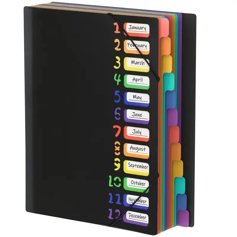 Colorful Label A4 File Storage Folder with Monthly Dividers, Durable Plastic Document Organizer, School Office Home Use, Cover