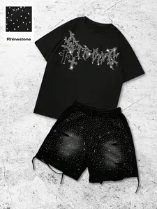 Men's Two-Piece Set, Casual Summer Rhinestone Decor Graphic Short Sleeve T-Shirt, Shiny Rhinestone Shorts, Perfect Gift for Boyfriend