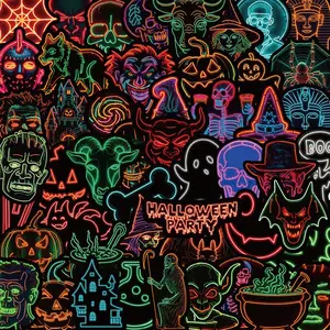 Halloween Themed Neon Sticker, 50pcs/set Colorful Glow in The Dark Sticker, DIY Decorative Sticker for Phone Case, Water Bottle, Laptop, Guitar, Bag, Scrapbook, Ornaments
