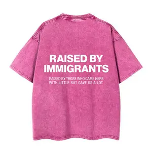 Women's Raised By Immigrants Oversized Statement Top, Vintage Washed Pink Short-Sleeve T-Shirt, Trendy Streetwear Casual Womenswear Piece (Pairable with Leggings)