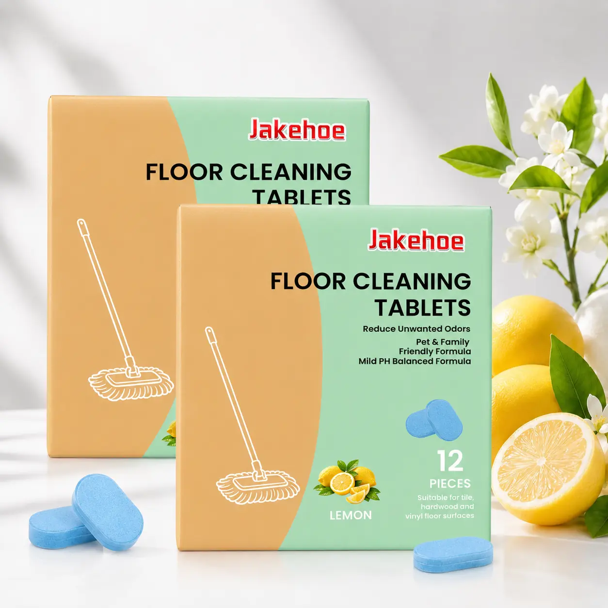 12-Pack Floor Cleaning Tablets Lemon Scent, Eco-Friendly Floor Cleaner Tablets, Powerful Grime & Stain Removal, Odor Eliminating Formula, Fast Drying No Residue, Suitable for All Floor Types, Home Cleaning Supplies