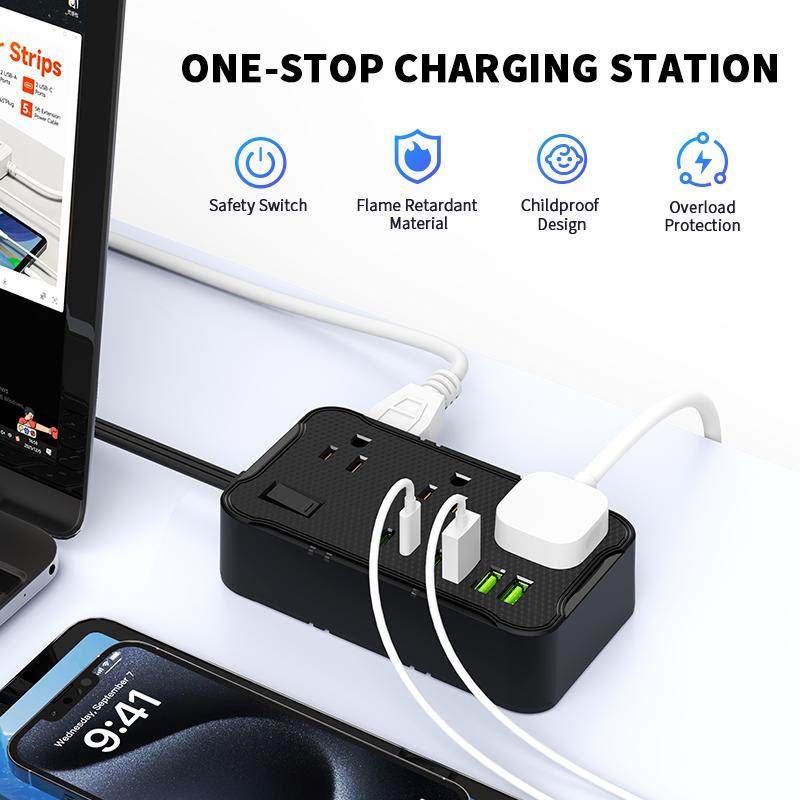 6.5FT/10FT/15FT extension line power board, 1pc 12-in-1 power board/power socket/power strip, 6 AC sockets, maximum power of 1250.W, 10A, 3 USB 3Type-C, suitable for home, office, travel and computer.