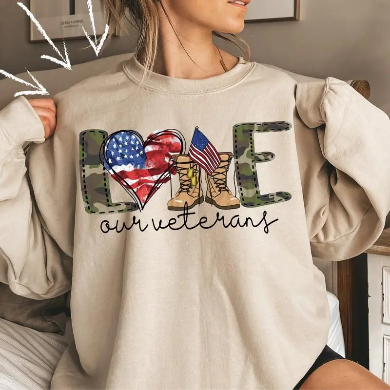 Women's Casual Pullover Top, Love Our Veterans Memorial Day Sweatshirt, Women's T-Shirt - KitchenEra Cotton Womenswear
