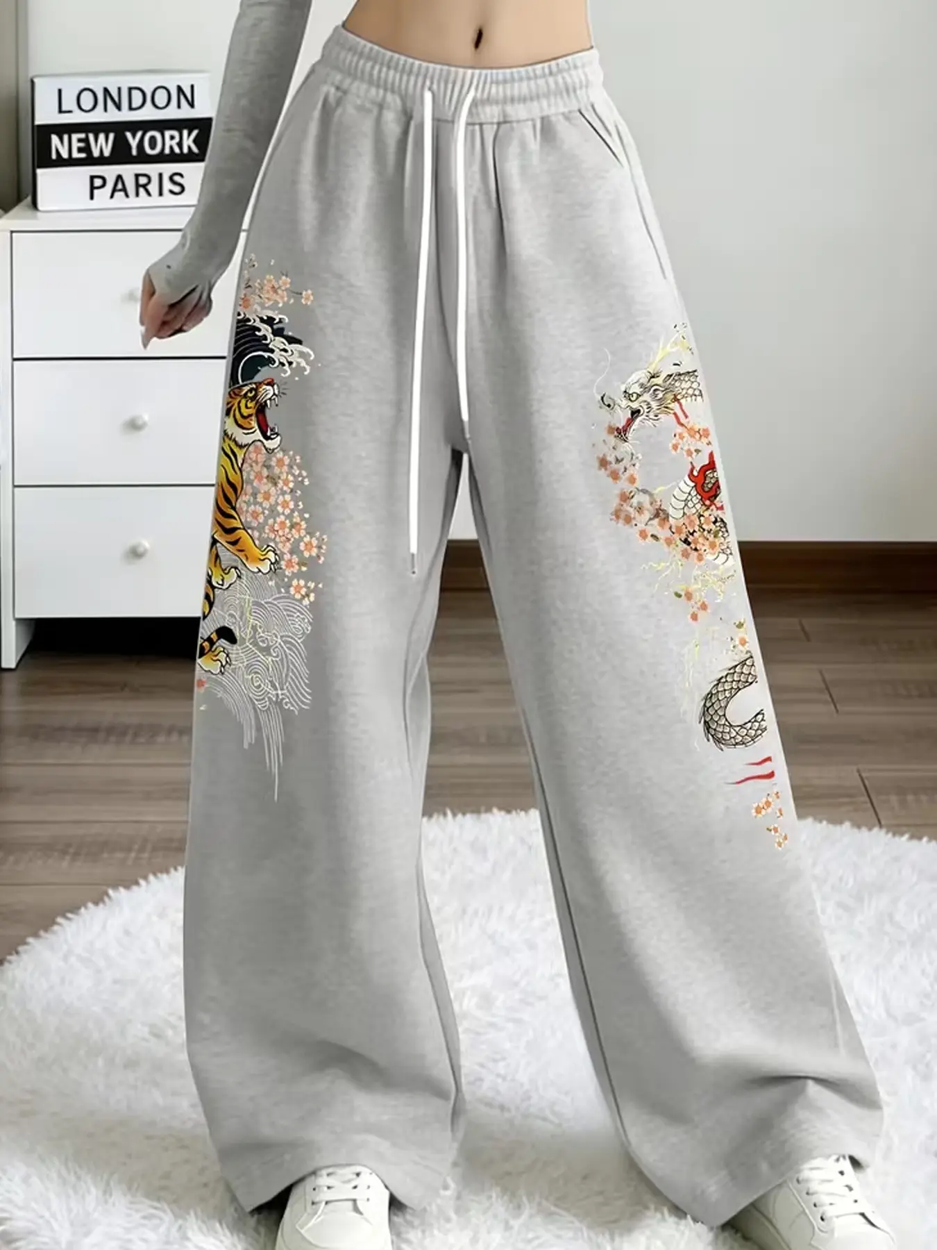 Women's Japanese Dragon & Tiger Print Wide Leg Sweatpants, Loose-Fit, Elastic Waist Drawstring, Cherry Blossom Details, All Seasons
