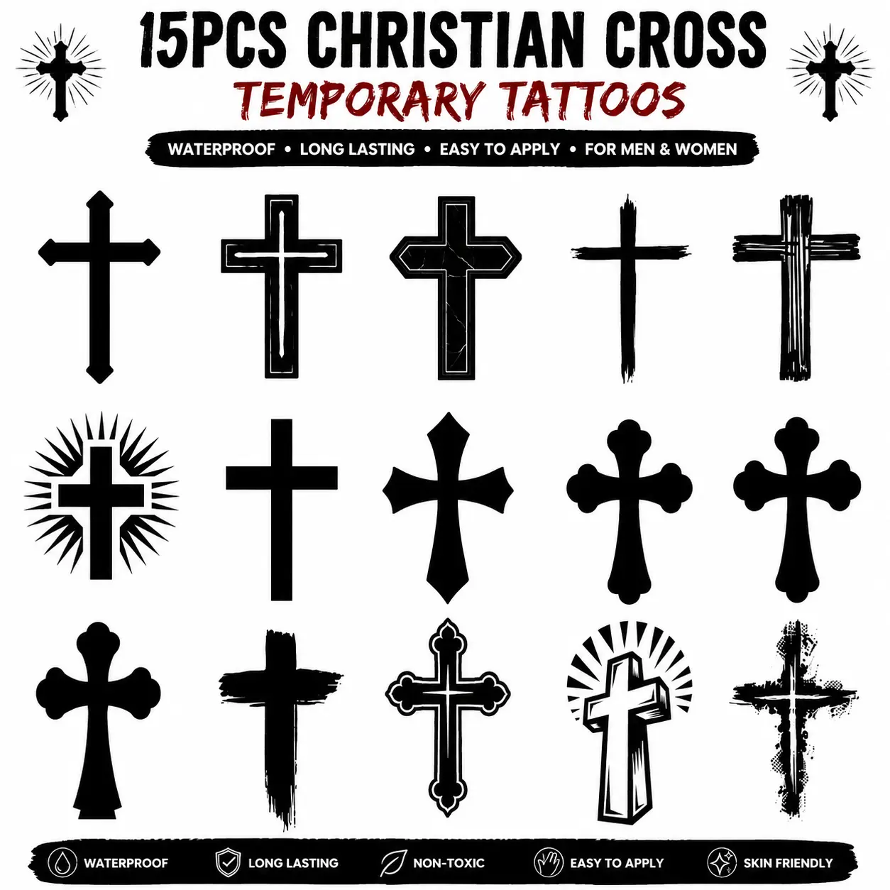 15PCS Christian Cross Temporary Tattoos, Religious Cross Tattoo Stickers, Faith-Inspired Body Art for Men & Women