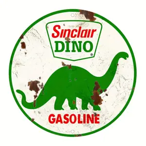 Vintage Dino Gasoline Sign, Round Aluminum Tin Sign, Wall Art with Rustic Farmhouse Design for Home, Cafe, Office Decor, No Power Required