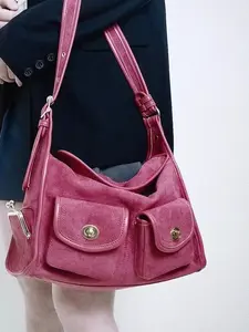 Pink Retro Artistic Pillow Bag - Vintage Gold-Plated Lock Wide Strap Multi-Pocket Large Crossbody & Single Shoulder Haversack