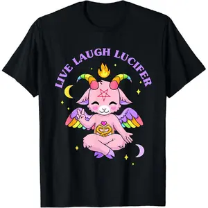 Live Laugh Lucifer Cute Baphomet Design T-Shirt Black Menswear