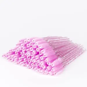 100 Pcs Disposable Eyelash Brushes, Mascara Wands, Spoolies for Eyelash Extensions, Spoolie Eyebrow Brow Makeup Supplies Kit Glitter Applicator Tool Accessories Bristle (Crystal Pink)