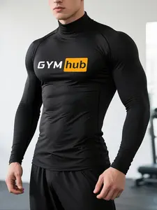 Gymhub Men’s Long Sleeve Dry Fit Compression Gym T-Shirt with Graphic Print, Muscle Fit Performance Training Shirt for Gym Workouts, Running, Fitness Training, Compression Sports Tee and Everyday Active Wear
