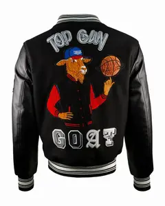TOP GUN® "THE NEW GOAT" VARSITY JACKET ORIGINAL Wool Blend Vegan Leather Sleeves Triple 3-D Embroidered GOAT Lettering Fully Lined Interior Ribbed Collar Cuffs Hem Side Slit Pockets