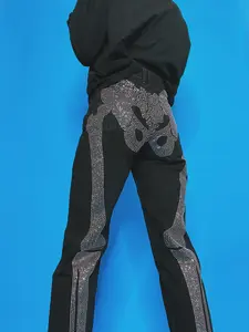 Skeleton Rhinestone Black Jeans, Men's