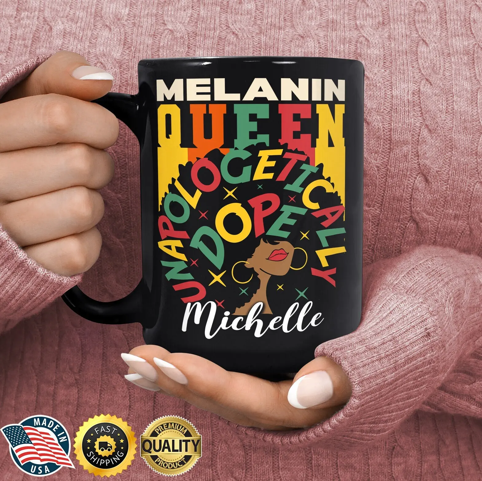Printed Reusable Washable Personalized Melanin Queen Ceramic Coffee Mug - Custom Name Black Woman Gift for Birthday, Kitchen Drinkware Tea Cup, Sturdy