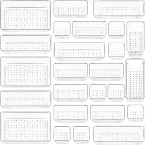 25 PCS Clear Plastic Drawer Organizers Set, 4-Size Versatile Bathroom and Vanity Drawer Organizer Trays, Storage Bins for Makeup, Bedroom, Kitchen Gadgets Utensils and Office Boxes Silicone