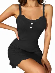 Women's Lingerie Lace Trim Sleeveless Ribbed Minimalist Mini Chemise, Chic Feminine-Fit Everyday Nightwear, Evening Loungewear