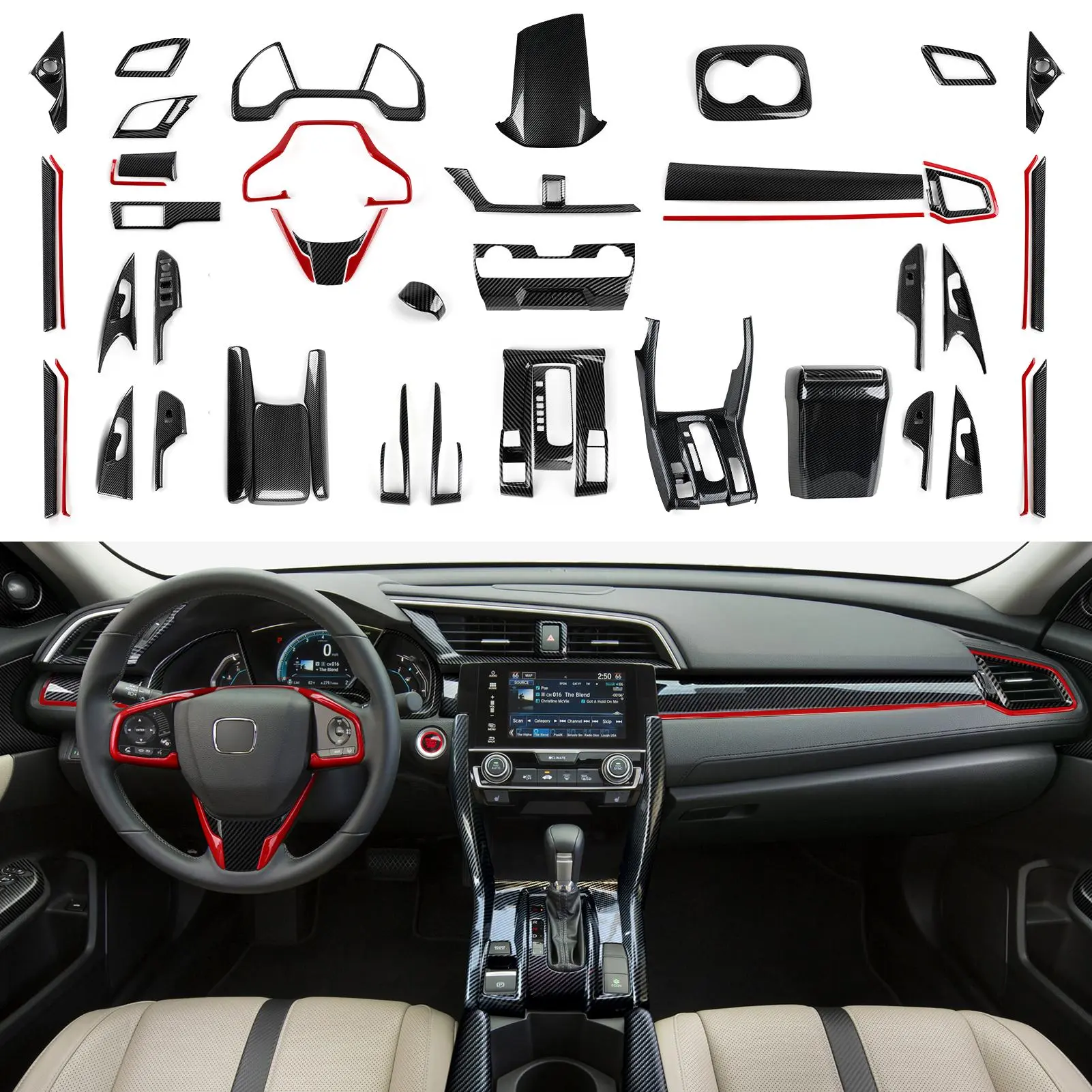 For Honda Civic 10th Gen (2016 -2021) Interior Accessories, Car Center Console Gear Shift Panel , Carbon Fiber ABS Trim Sticker