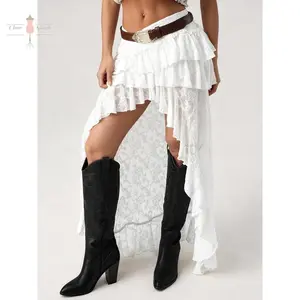 Women Flower Lace Skirt Elastic Waist High Low Layered Ruffle Skirt Casual Summer Streetwear White Bottoms