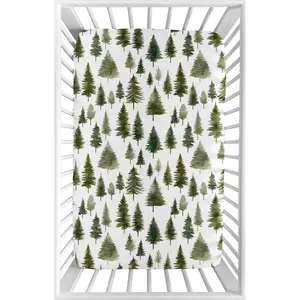 Sweet Jojo Designs Baby Fitted Mini Crib Sheet (Green Woodland Tree) for Girls/Boys, Newborn/Infant Nursery, Play Yards, Portable Cribs (Gender Neutral, Nature, Pine Tree Forest, Woods, Christmas Fir)
