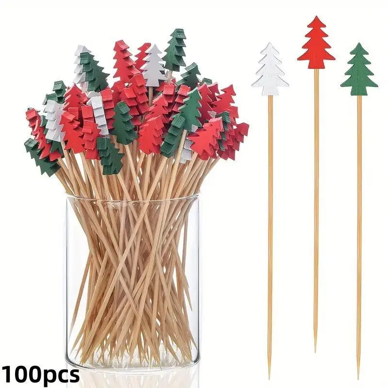 100pcs Single-Use Christmas Bamboo Skewers - Festive Disposable Tableware for Festival Bonfire Ceremony Events, Cocktail Sticks, Cupcake Toppers, Fruit Toothpicks (Home & Business Use)