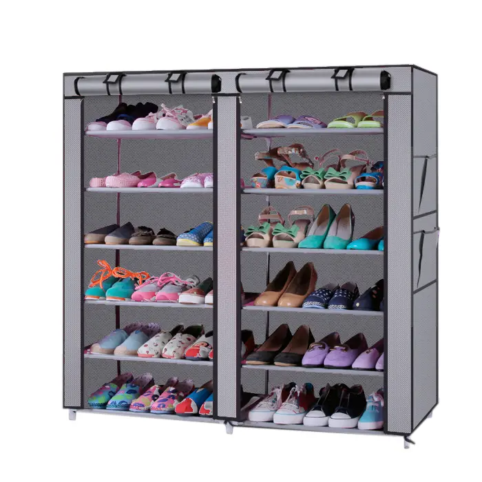 Portable Shoe Rack 12 Lattices Shelf Storage Closet Cabinet with Cover Standing Non-woven Fabric 6-Row 2-Line Gray