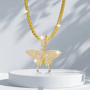 Butterfly Shaped Pendant with Braided Wheat Link Chains 18K Gold Silver Plated Hip Hop Rapper Pendant Chain Necklace 20 / 24 Inch Length Luxury Butterfly Pendant Necklace Chain for Men Women Boys Girls Frineds