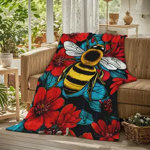 Retro Pop Art Bee Flannel Throw Blanket, Bumblebee Red Flower Teal Honeycomb Bold Pattern Soft Cozy Warm Nap Blanket for Couch Bedroom, Unique Gift for Her Him Art Nature Lovers, Birthday Christmas Holiday Housewarming Present