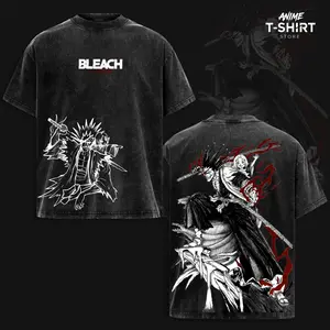 Kenpachi Zaraki Bleach Vintage Washed Oversized Anime T-Shirt, Heavyweight Cotton Streetwear Graphic Tee, Dark Manga Line Art Back Print, Unisex Loose Fit Japanese Anime Shirt, Classic Bleach Anime Streetwear Gift