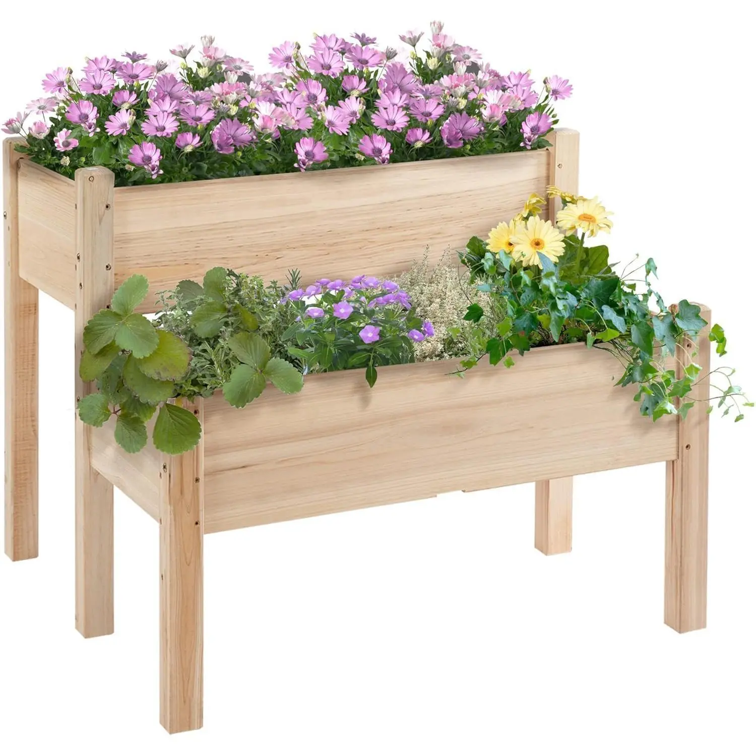 Two-Tier Raised Garden Bed Planter Box 33x33x29 Inch Large 7 Cubic Ft Capacity Wooden Elevated Design with Legs Open Base 8 Drainage Holes 352 lbs Support Outdoor Planter