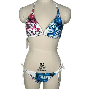 2000s gothic Ed Hardy white skull slogan print 2pc bikini brand new 8ST