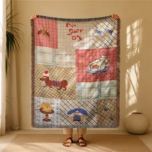 Plaid Puppy Pattern Bohemian Yarn Jacquard Woven Blanket with Tassel, Thick Soft Washable Blanket, Used for Home Decor Sofa Chair Bed Tapestry Tablecloth Floor Garden Picnic Outdoor Camping