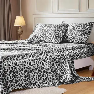 Sheets with Elastic Corner Straps, Full Size Sheets Set, 4 Pcs Bedding Set with 15 Inches Deep for Mattress (Full, White Leopard)