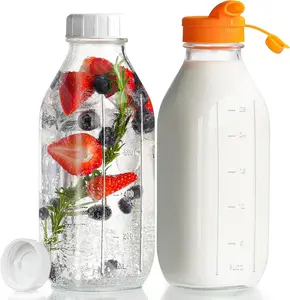 32 oz  Glass Milk Bottles with  Dispenser Cap, 2 Pack Glass Jars with Airtight Screw Lid, Leak Proof Juice Bottles with Scale Mark Breastmilk Storage Container for Fridge