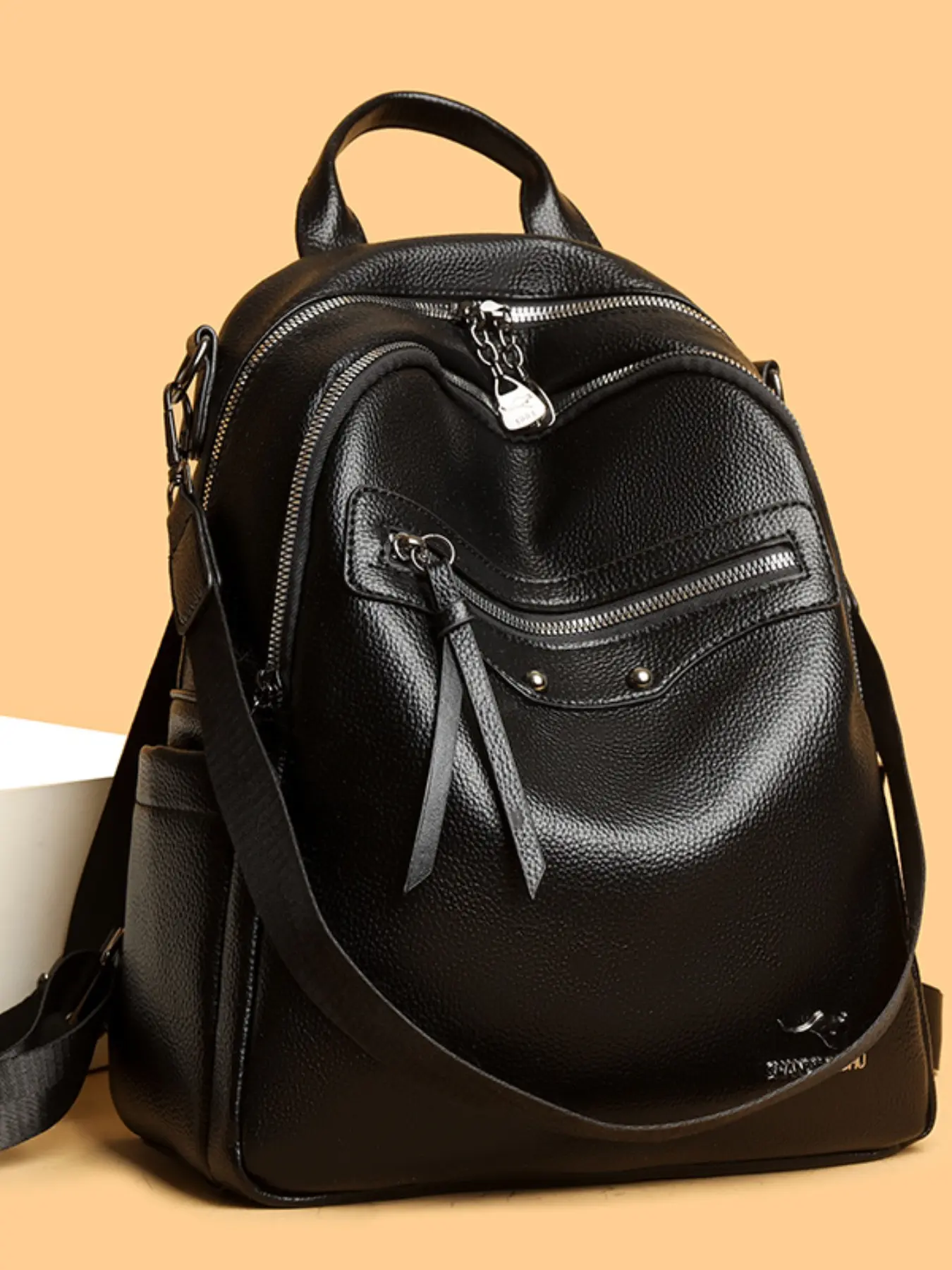 New Fashion PU Leather Women's Zipper Backpack Bags For Travel, Large Capacity Luxury Brand Handbag, Casual Travel Shoulder Bag, All Seasons, Leather Backpacks