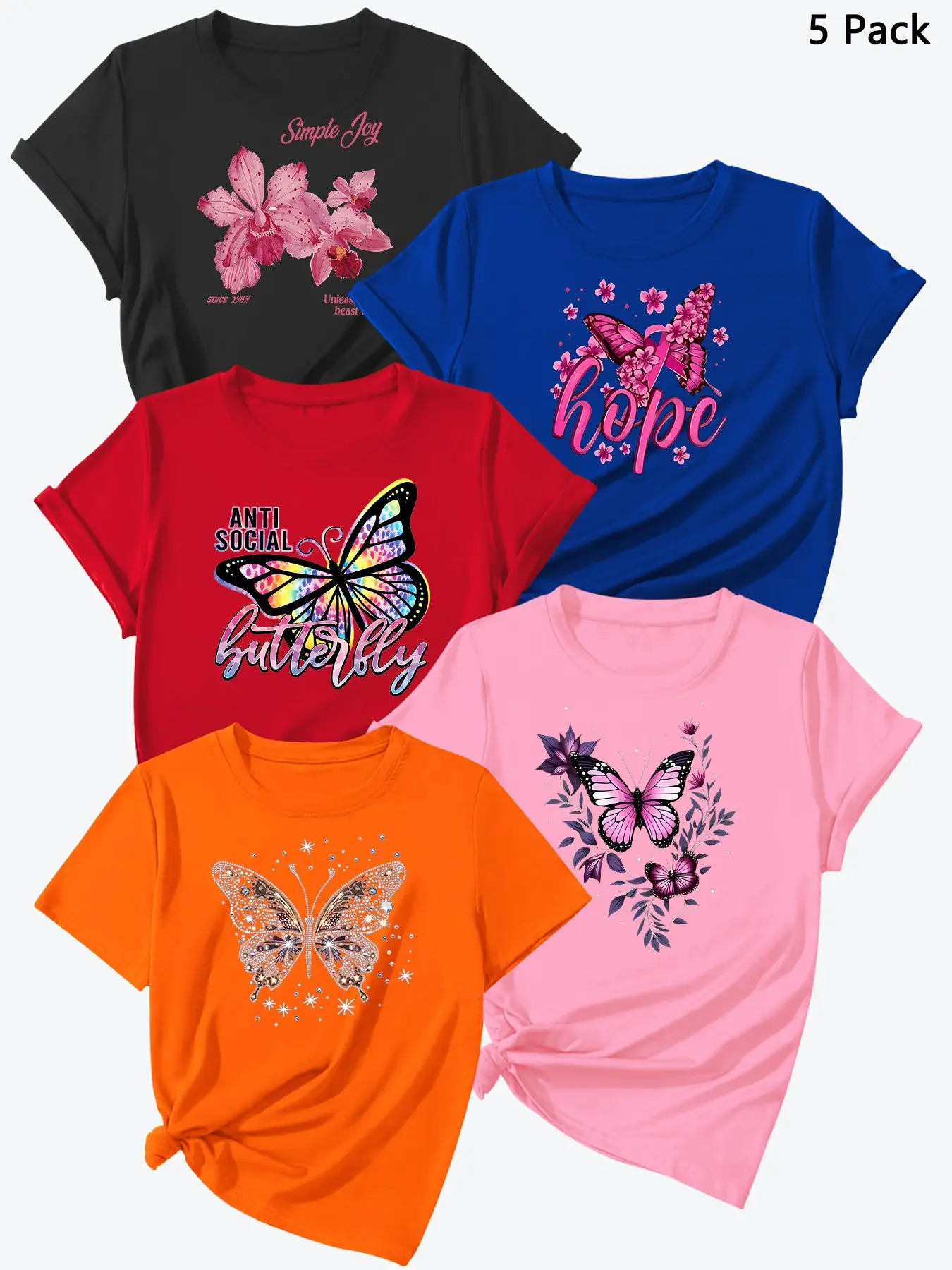 Summer New Floral Butterfly Print Short Sleeve, High-Quality Women's Sport T-Shirt Set of 5, Casual Fashion Top, Classic Female Clothing