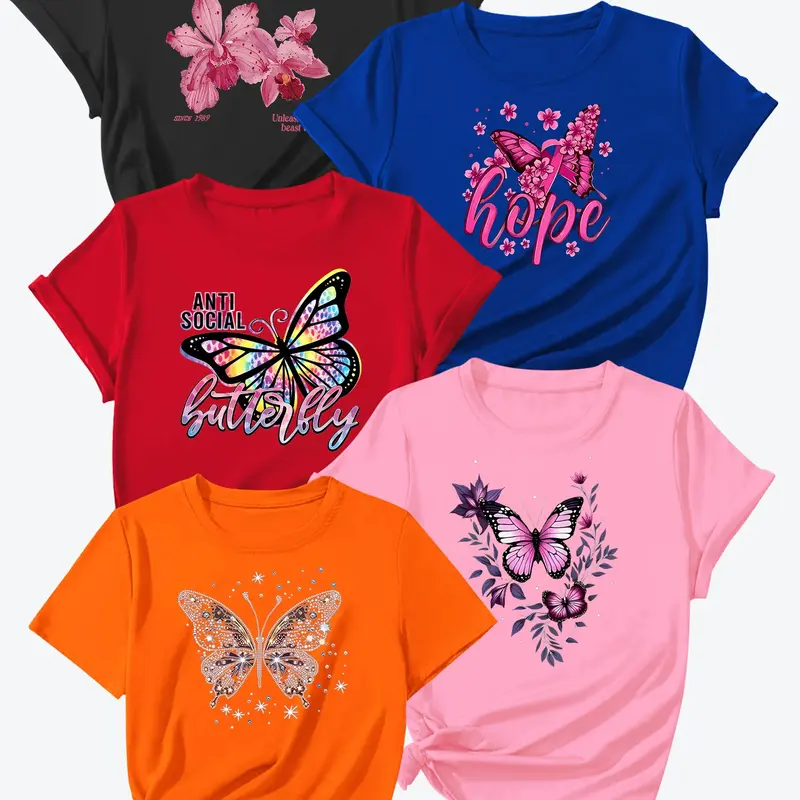 Summer New Floral Butterfly Print Short Sleeve, High-Quality Women's Sport T-Shirt Set of 5, Casual Workout Tops, Athletic Top, Classic Female Clothing, Active Sportswear, Athletic Apparel, Activewear T Shirts