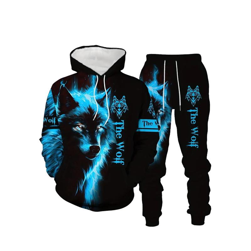 Blue Wolf Pattern Men's Spring Autumn Long Sleeve Casual Sweatshirt Set Hooded 100% Polyester Fiber Regular Fit Digital Printing