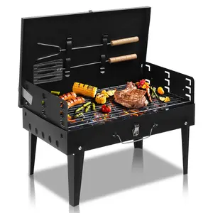 Portable Charcoal Grill, Outdoor Foldable BBQ Grill with Barbecue Accessories & Lid for Cooking Camping Picnic Hiking Beach Party Patio Smokers, Height Adjustable for 3 to 5 People Oven Black fire pit