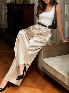 Women's Fashion Champagne Color Wide Leg Pants, Satin Shiny Fabric, High Waisted Pleated Metal Buckle Decor, Long Drop Crotch, Office and Evening Wear