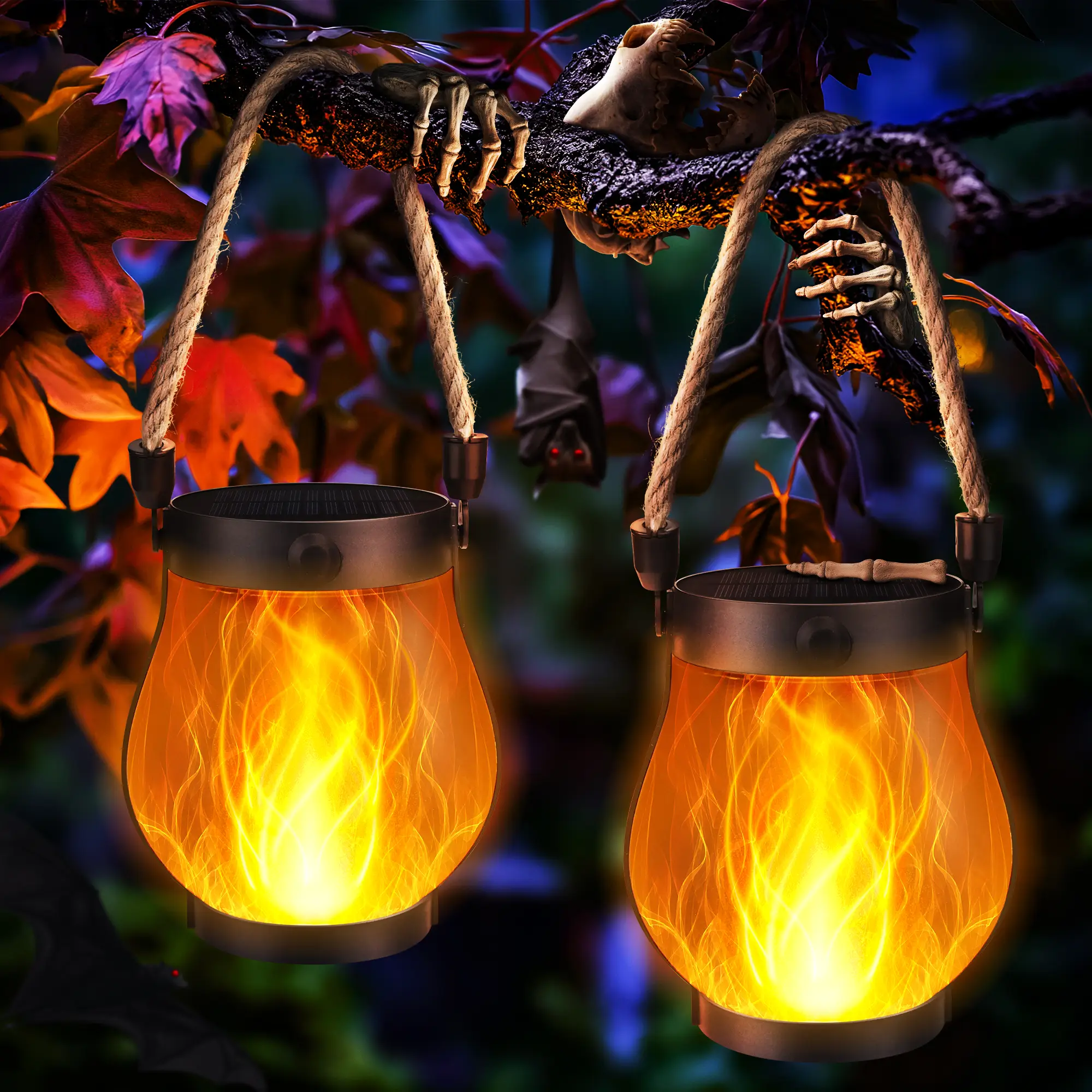 Solar Lanterns, Flickering Flame Garden Lights, USB and Solar Dual Charging, Outdoor Waterproof Pendant Lights for Yard Pat，Halloween Decorationsio Po