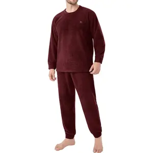 Men's 2-Piece Matching Plush Long-Sleeve Plain Round Neck Pyjama Set - Ultra-Soft Fleece Sleepwear with Roomy Pockets, Cozy Cold-Weather Loungewear for Small Sizes, Pyjamas