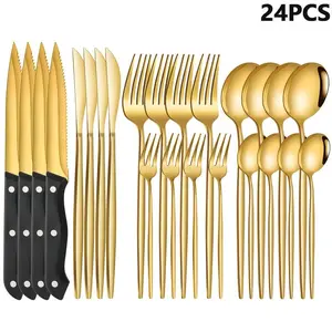 72 Piece Deluxe Golden Stainless Steel Cutlery Set, Portugal Western Steak Knives, Forks And Spoons Flatware Set, 12 Person Mirror Polish Families Hotels Silverware Set With Gift Box, Dishwasher Safe, Perfect For Restaurants, Parties And Gatherings