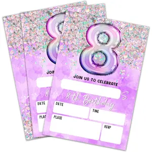 8Th Birthday Invitation Cards, Holographic Balloons Double-Sided Fill In Style Birthday Invites With Envelopes, Glitter Purple 8 Years Old Invitations For Girls, Teen, Party Favor & Supplies - A08