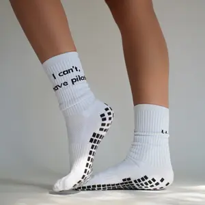 "I can't, I have Pilates" Grip Socks - White Crew Socks with Embroidery - Cute Grip Socks for Pilates, Barre, Lagree