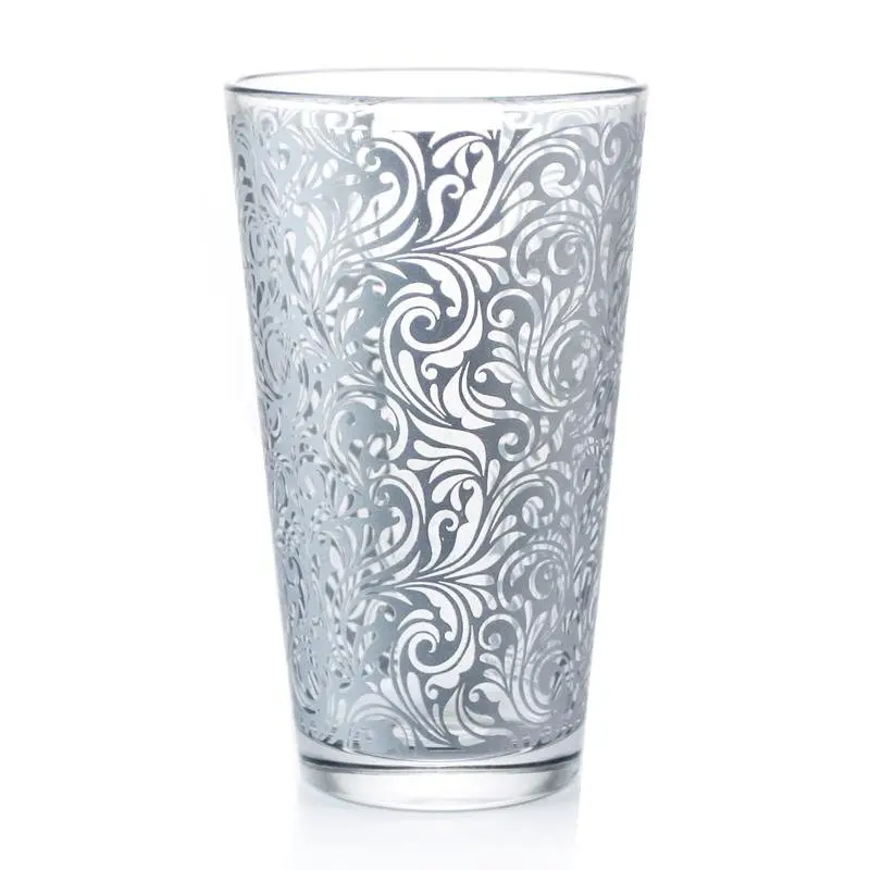 16oz Thick Printed Silver Swirl Cocktail Mixing Glass - Glass Tumbler for Kitchen Drinkware Use, Glass Tumbler Glasses